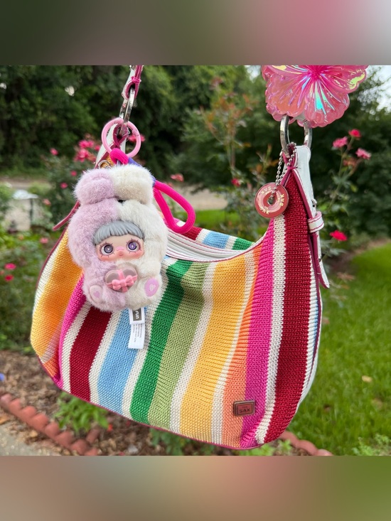 The Sak Handbags - The Sak Rainbow Stripe Kids Shoulder Bag with Pink Plush Charm